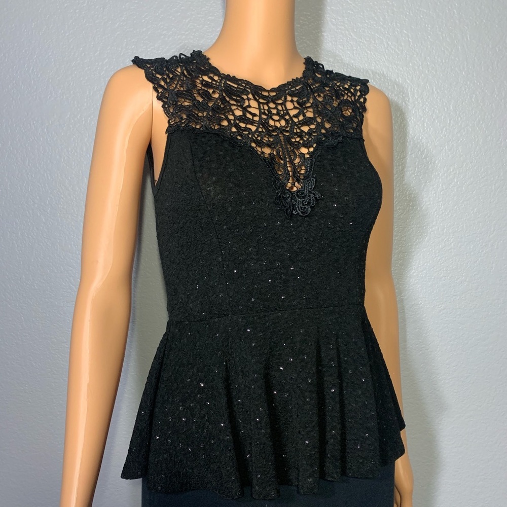 Black Lace Neckline Peplum Top